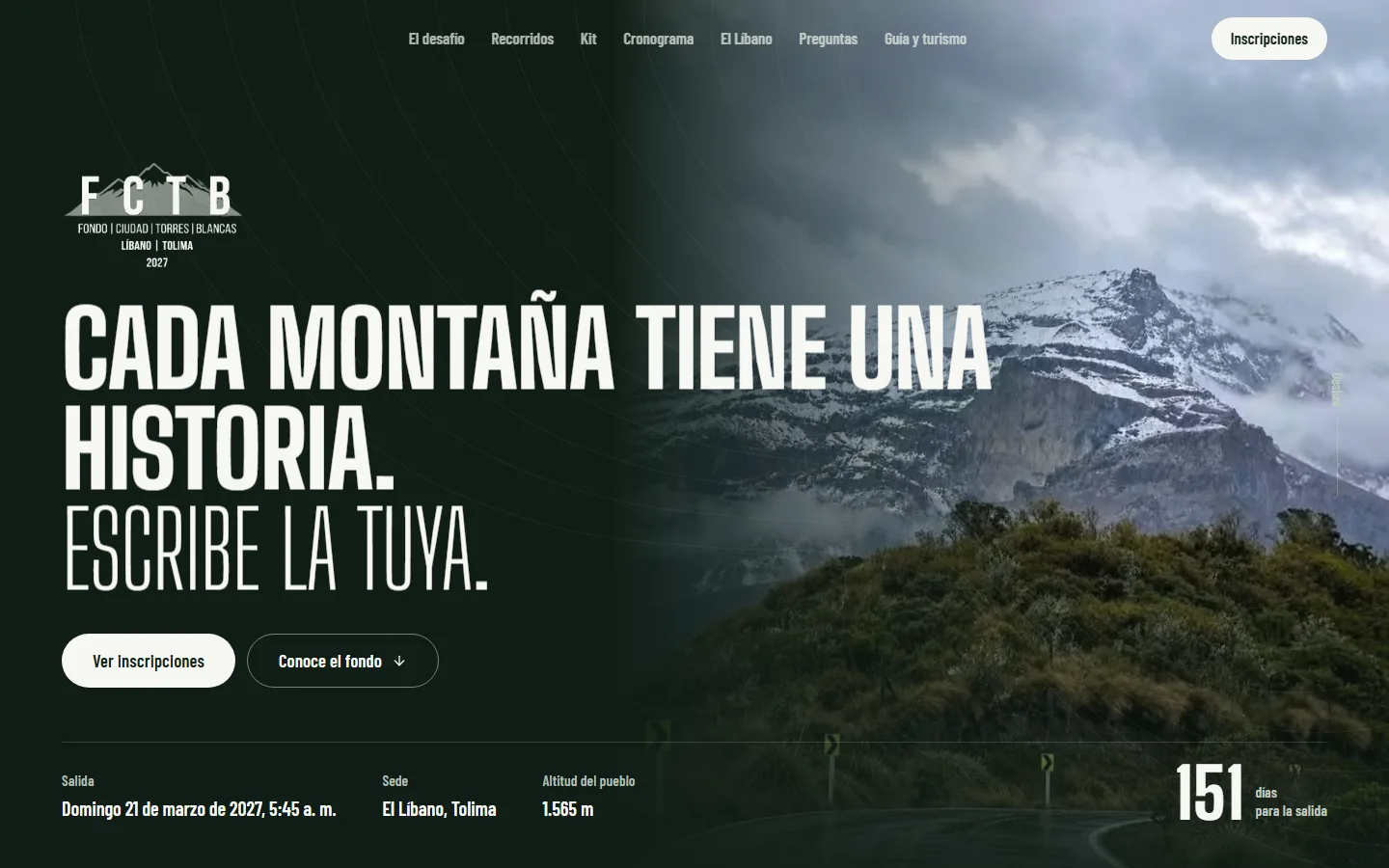 Portada del sitio FCTB 2027 con el lema «Cada montaña tiene una historia. Escribe la tuya», fecha de salida, sede, altitud y cuenta regresiva.