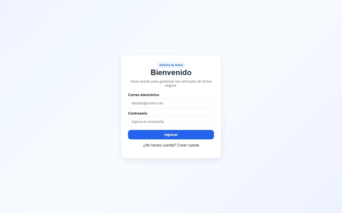 Pantalla de inicio de sesión del sistema de autos con campos de correo y contraseña y enlace para crear cuenta.