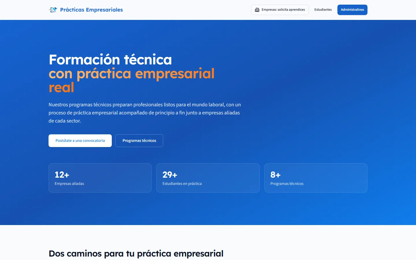 Portal público de prácticas empresariales con accesos para empresas, estudiantes y administrativos, y cifras de empresas aliadas y estudiantes en práctica.