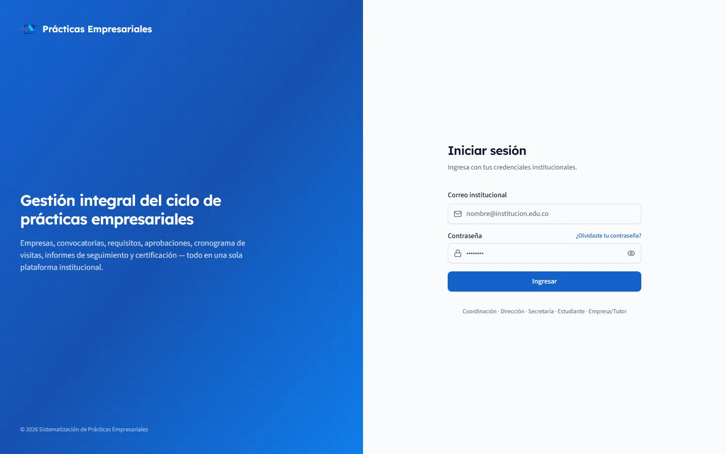 Pantalla de inicio de sesión de GPE para los cinco roles: coordinación, dirección, secretaría, estudiante y empresa o tutor.