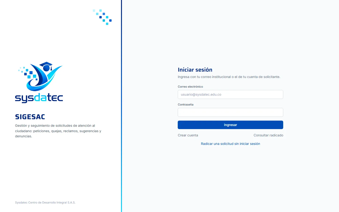 Pantalla de inicio de sesión de SIGESAC con enlaces para crear cuenta, consultar un radicado y radicar sin iniciar sesión.