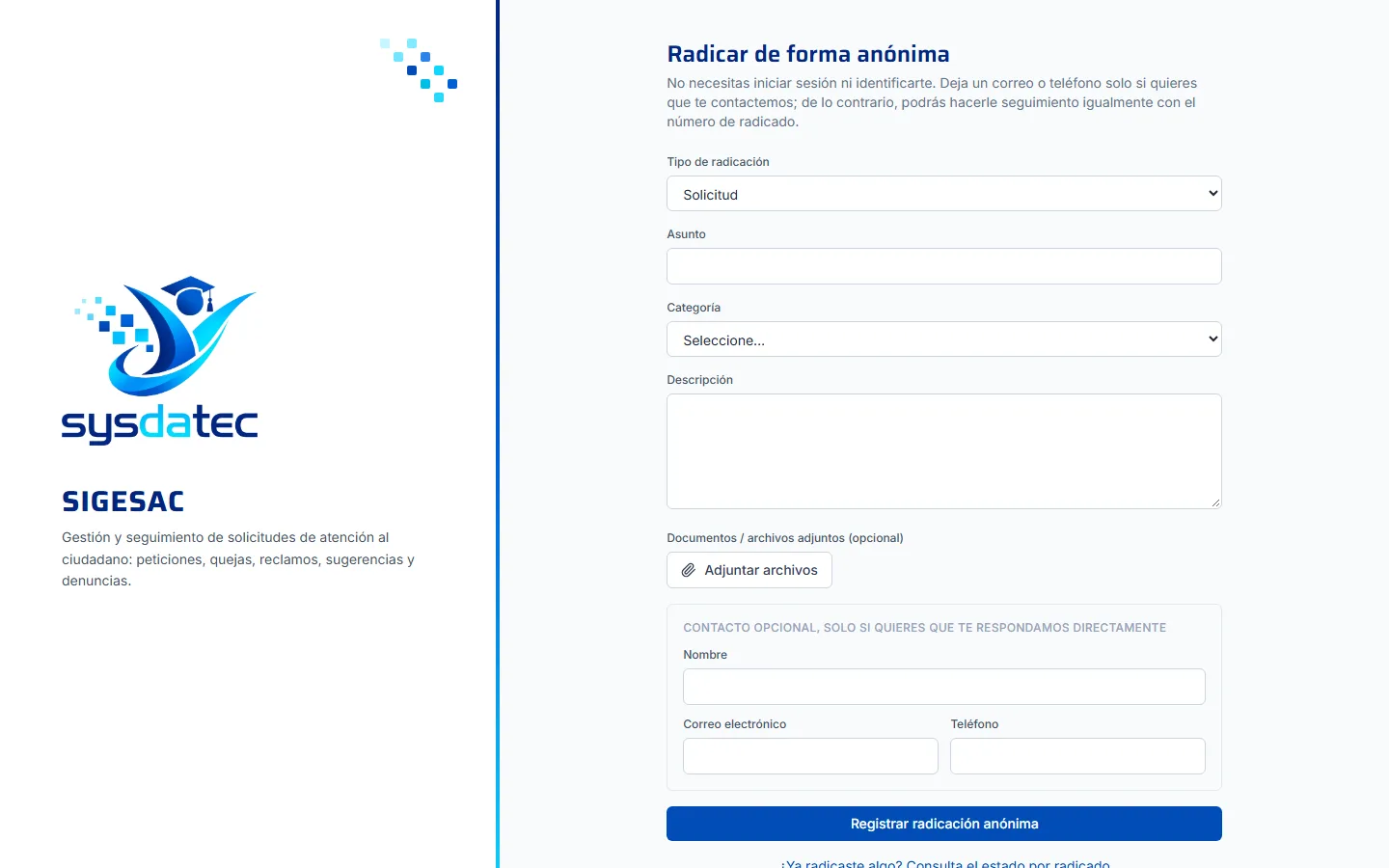Formulario público de SIGESAC para radicar una solicitud de forma anónima, con tipo, asunto, categoría, descripción y adjuntos.