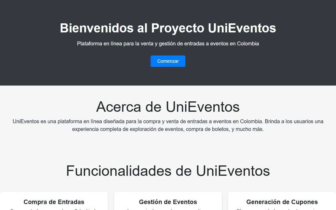 Página de inicio de UniEventos con el mensaje de bienvenida, la descripción de la plataforma y sus funcionalidades.